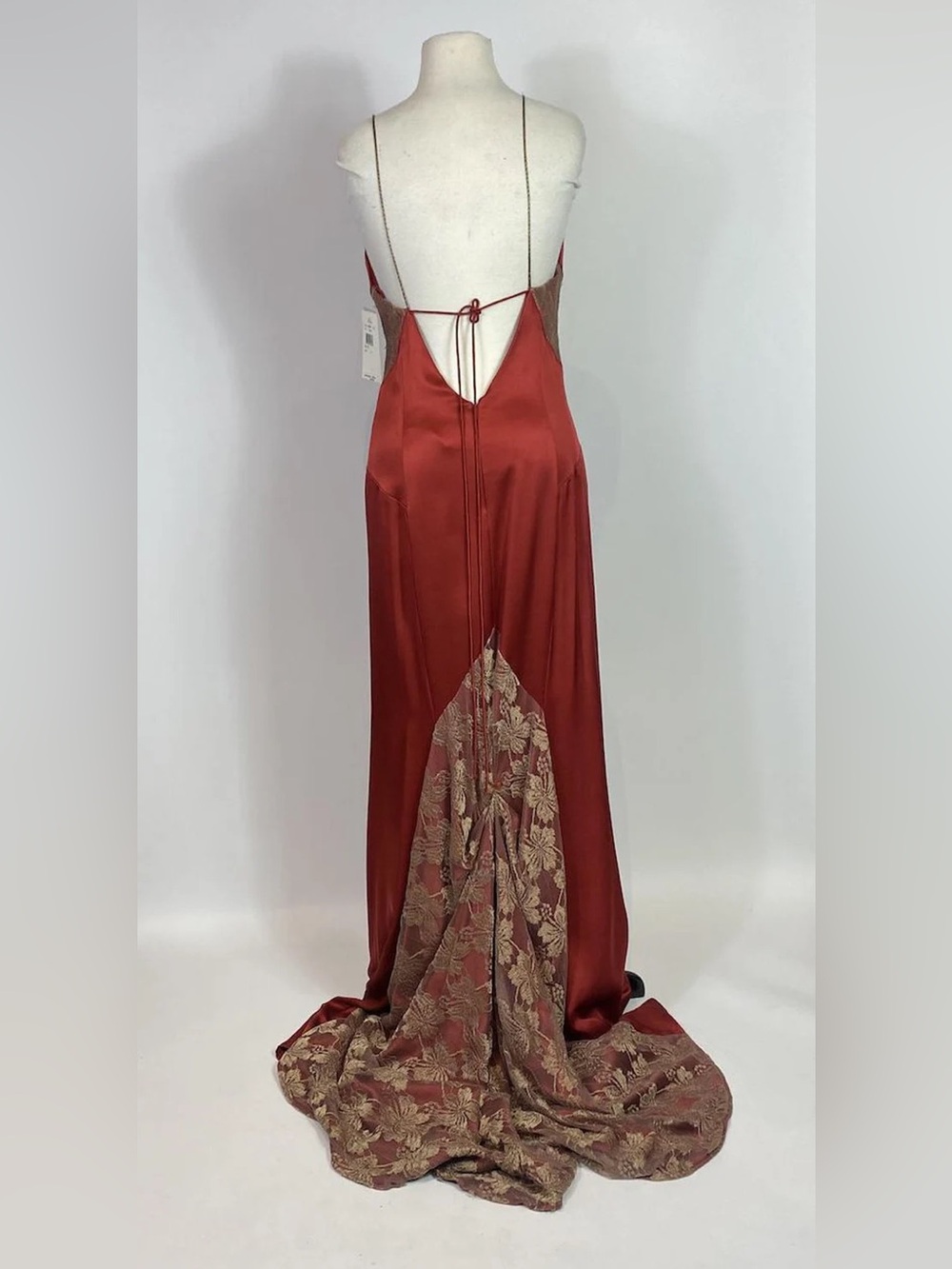 1990s - Y2K Nicole Miller Red Silk Satin and Gold Lace Gown Deadstock NWT - Picture 5 of 10